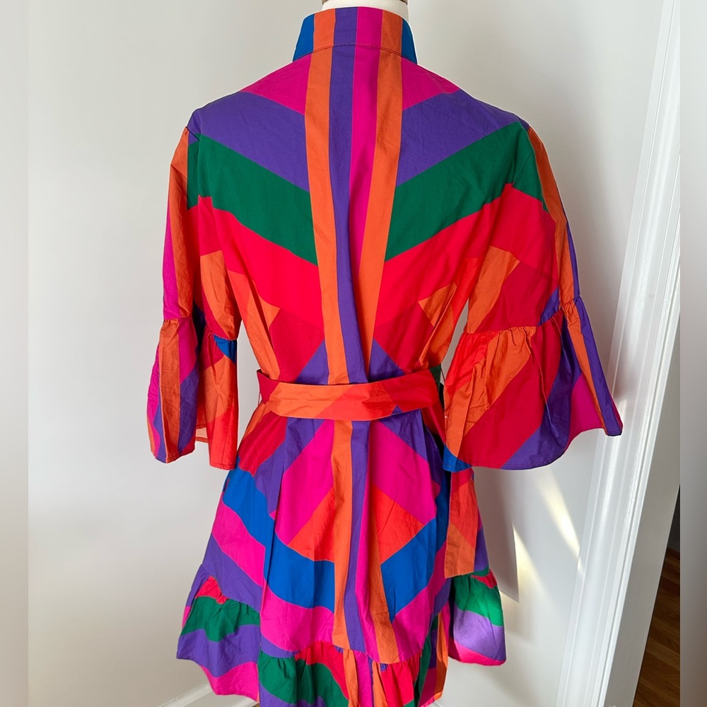 FARM Rio Amanda Stripes Mini Ruffle Buttoned Mock Neck Bell Sleeve Dress - Picture 3 of 15